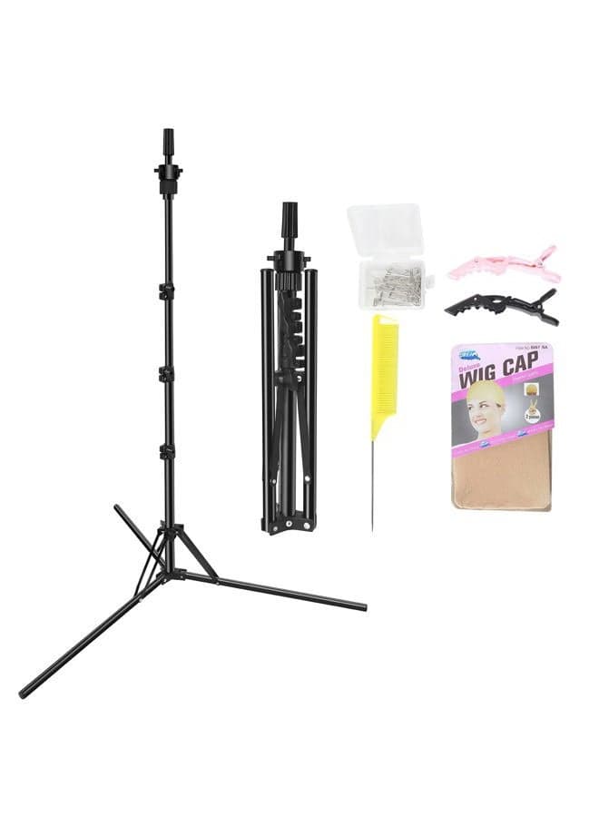 LNASI Mannequin Head Stand, Upgrade Foldable Wig Stand Tripod for Cosmetology Hairdressing Training, Metal Adjustable Wig Head Stand with Wig Caps, T-Pins, Comb, Hair Clips