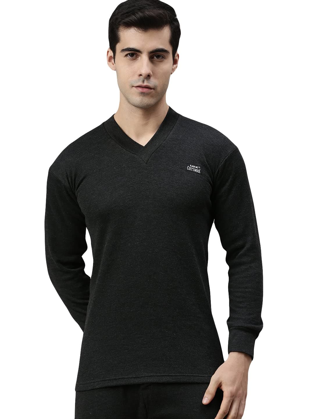 Lux Cottswool Men's Black2 V Neck Full Sleeves Premium Thermal Top (Size : 90cm)