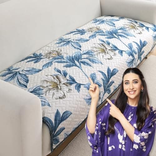 HOKIPO 'HomeHues Series' Printed Quilted Sofa Cover Mats for L Shape and 1/2/3 Seater Sofa. Make Your Own Sofa Cover Set, Mat Length 90(D) x 170(L) cm, Celadon Blue Camellia (IN-809-D8)