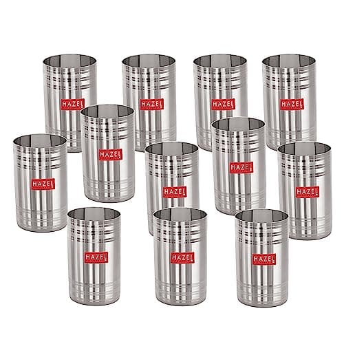 HAZEL Stainless Steel Glass for Drinking Water | Unbreakable Glass Set of 12 with Glossy Finish Design & Dishwasher Safe, 450 ML