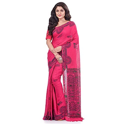 dB DESH BIDESH Women's Pure Cotton Tribal Art Warli Printed Designer Handloom Saree with Blouse Piece (Pink)