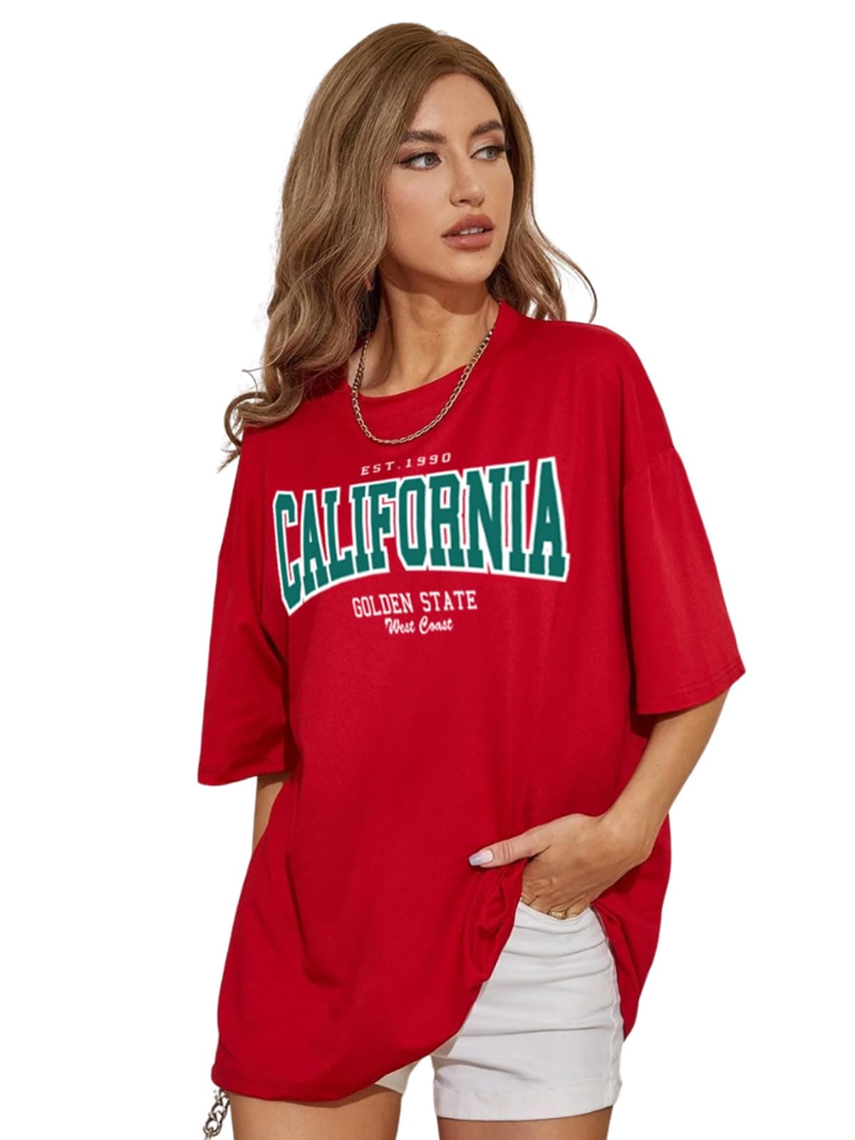 JUNEBERRY® Pure Cotton Oversized Baggy Fit California Printed Red T-Shirt for Women (OS_J_CLIFRNIA_RD_M)