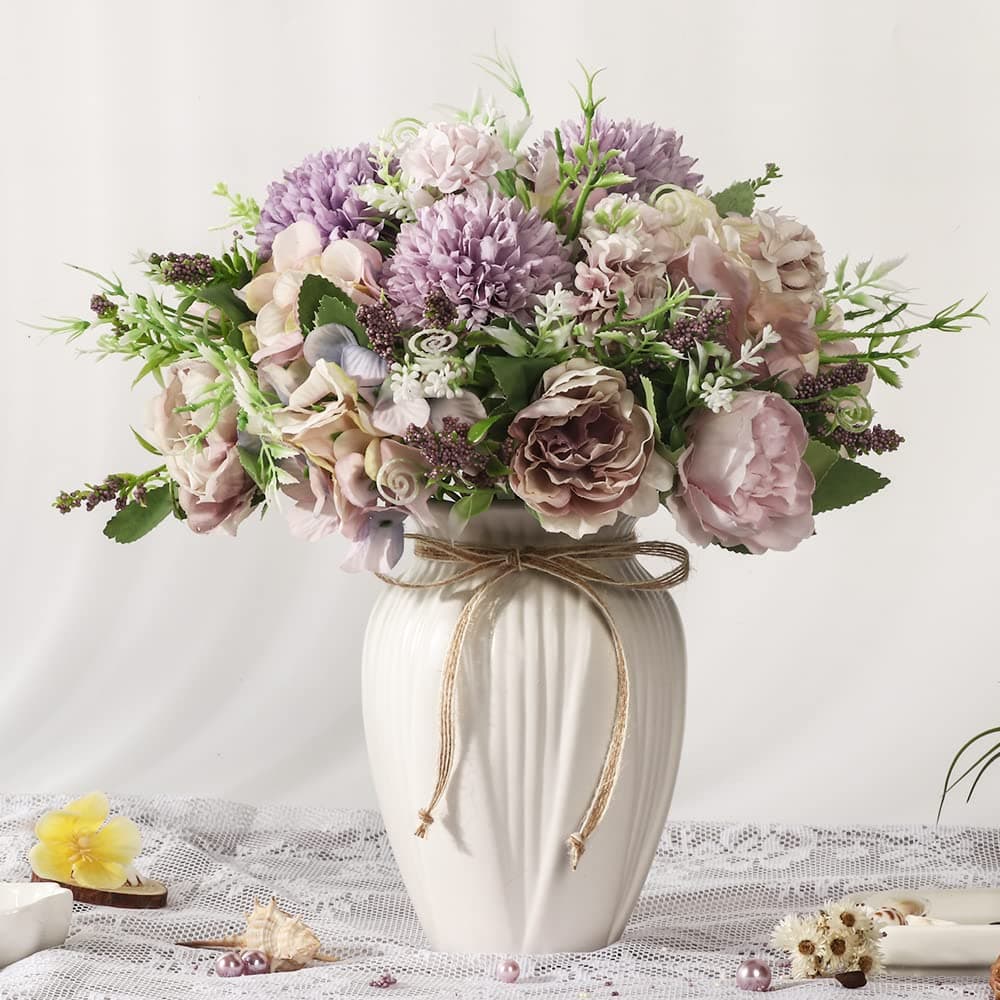 JARELING Peonies Artificial Flowers in Vase Fake Hydrangea Silk Peony Flower Bouquet with Vase Faux Flowers Arrangement Decor Home Table Dining Room Purple