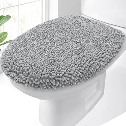 OLANLY Soft Chenille Bathroom Toilet Lid Cover Machine Washable Seat Covers 175x15 Stays in Place Rubber Backing Fits Most Round Elongated and Oblong Lids Accessories Decor Light Gray