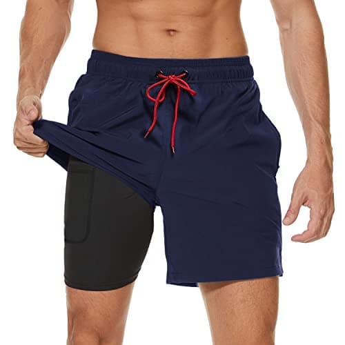 Arcweg Men's Swim Trunks with Boxer Brief Lined Swim Shorts Compression Liner 2 in 1 Beach Short with Zipper Pocket Surfing Navy