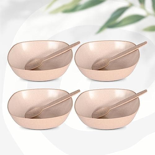 Eha Set of 4 Earth-Friendly Multipurpose Bowls for Kitchen | 600 ml | Made with Bamboo Fibers & Rice Husk | Microwave Safe Bowl | for Hot & Cold Serving Bowl Set | Sand Castle