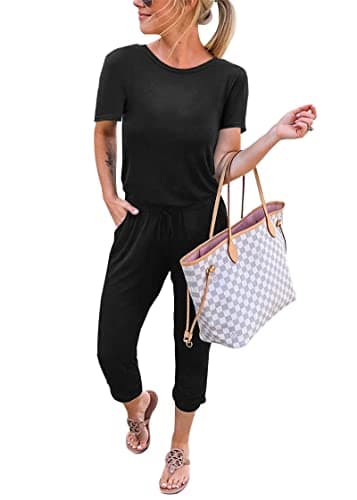 KIRUNDO Jumpsuits for Women Summer 2025 Casual Short Sleeve One Piece Outfits Drawstring Waist Long Pants Romper Jumpers(Black, Medium)