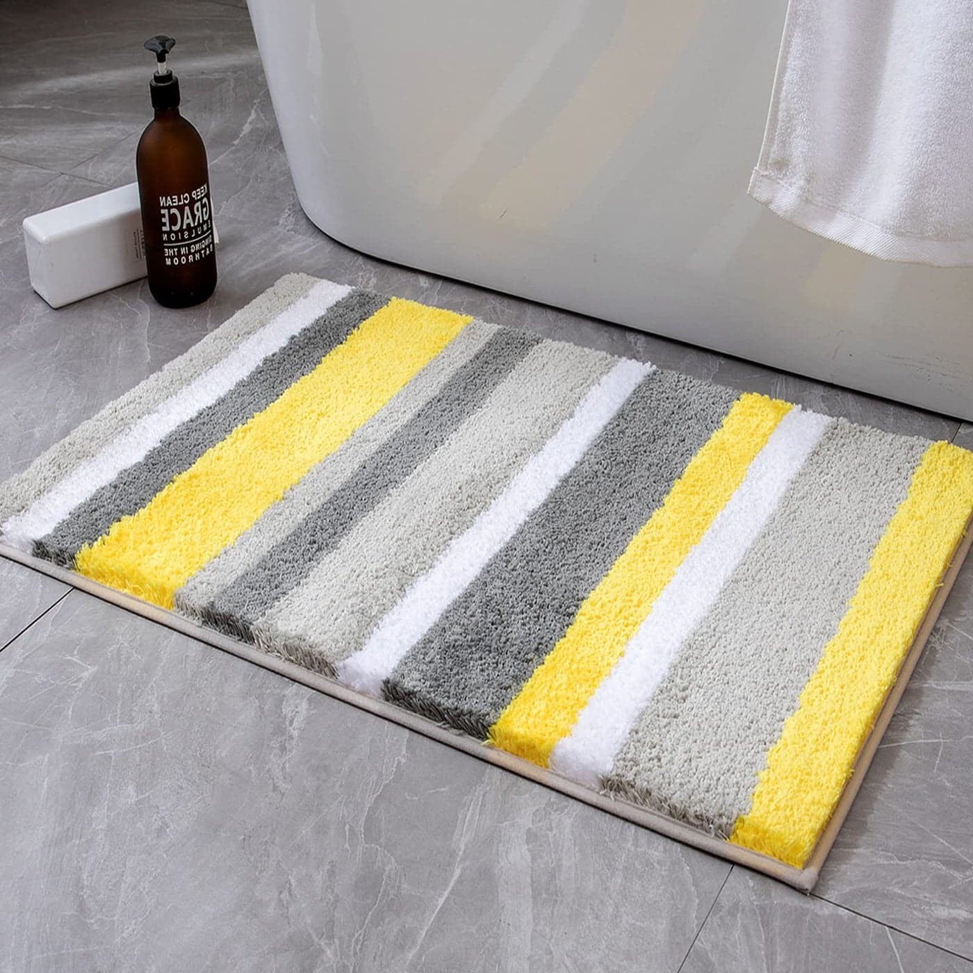 MIULEE Fluffy Bathroom Rugs Bath Mats Rugs Microfiber Striped Shower Rug Absorbent Soft and Plush Machine Washable Non Slip Carpet Quick Dry for Bathroom Floor Tub 16x24 Inch YellowGrey
