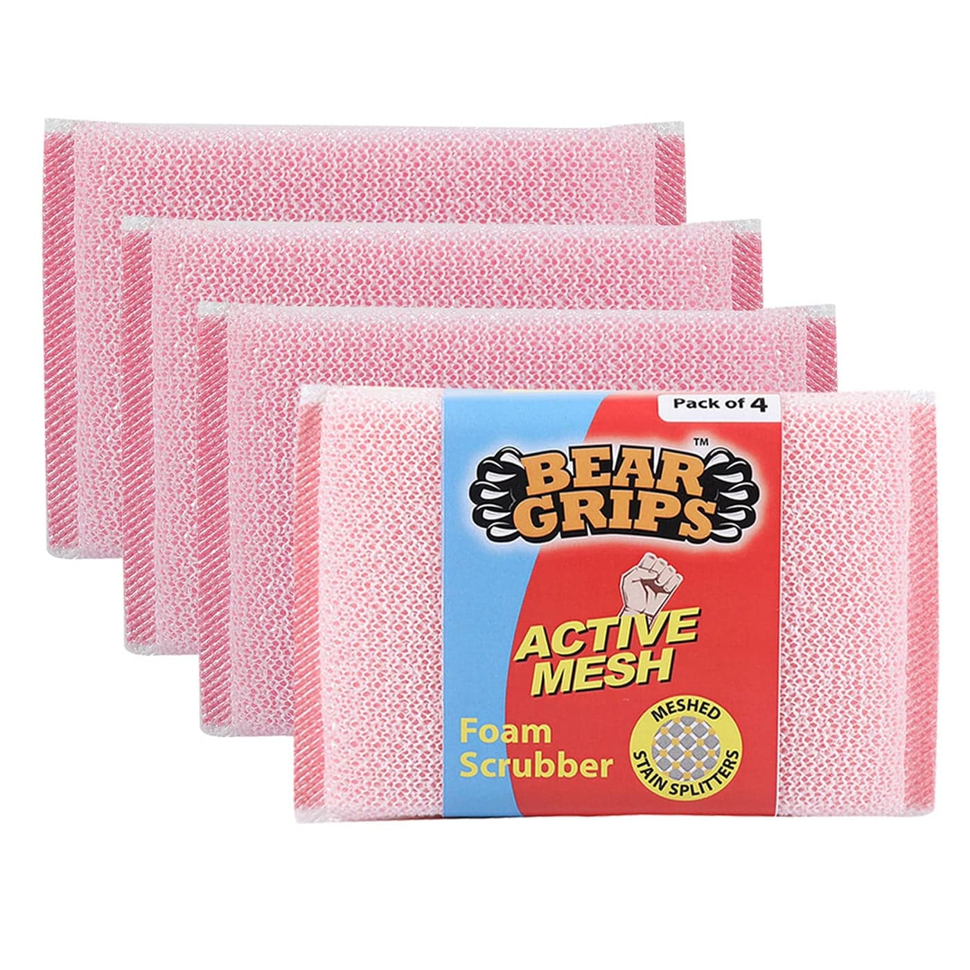 BEAR GRIPS Active mesh Scrub FoamSponge Scratch Proof Scrubber with with Stain Splitter net for All Utensils Type Dish Washing and Heavy and Oily Stains Cleaning Pack of 4