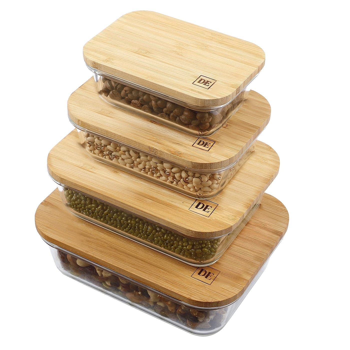 DE Glass Food Storage Containers with Bamboo Lids 4 Pack 12oz21oz35oz51oz BPAFree Borosilicate Glass Meal Prep Boxes Oven Microwave Freezer Safe Stackable Airtight