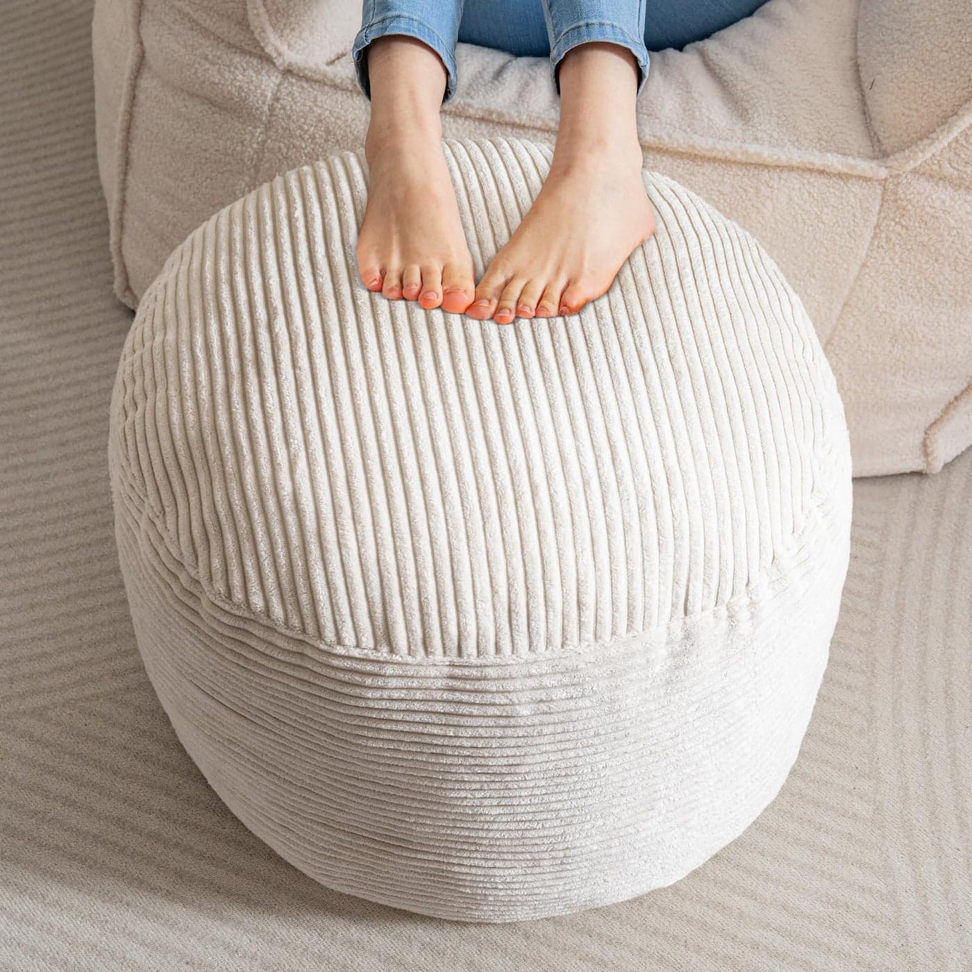 HIGOGOGO Round Stuffed Pouf Ottoman Corduroy Poufs with Foam Chunk Filling Furry and Fluffy Pouf Foot Stool Storage Ottoman 20 X 15 Floor Poufs Foot Rest for Living Room Beige