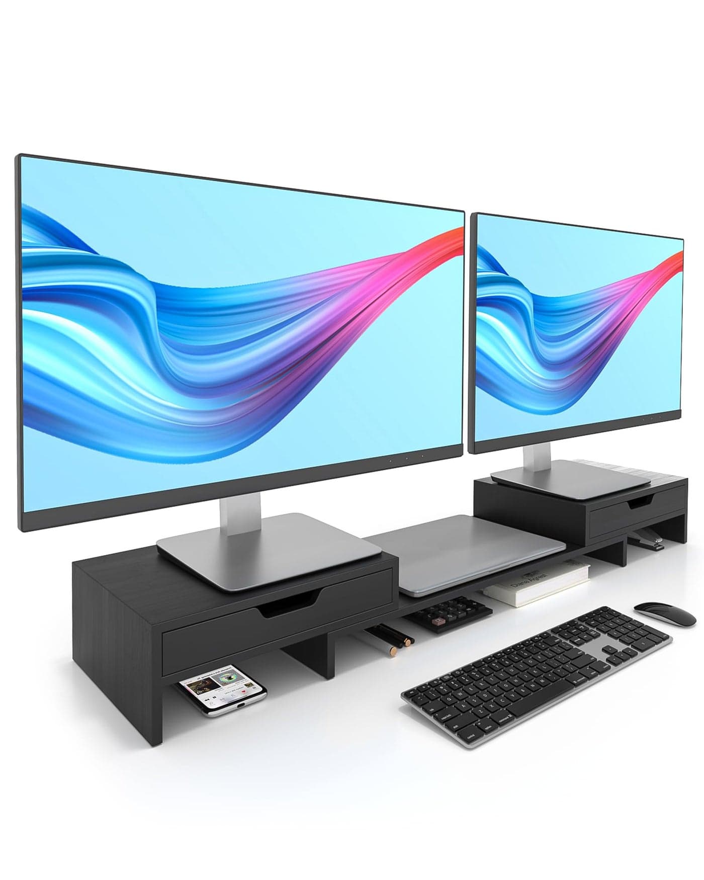 Epesoware Dual Monitor Riser with Two Drawers for Desk Bamboo Monitor Stand Riser with Storage Desk Shelf for Computer IMac Laptop No Assembly Required Black