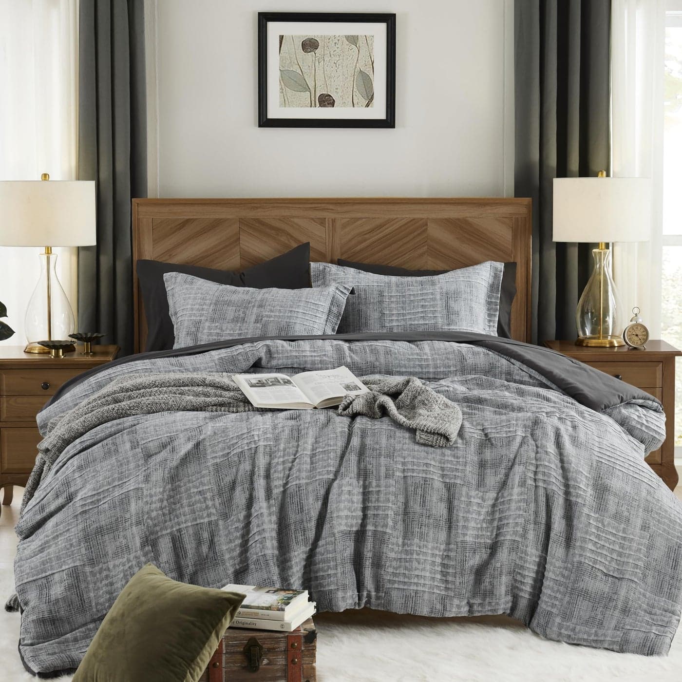 MaiRve Charcoal Grey Queen Comforter Set Textured Design Grey Crinkle Bed in A Bag Queen Size Queen Comforter Set with 7 Pieces with Comforter Sheets Pillowcases Shams 90x 90