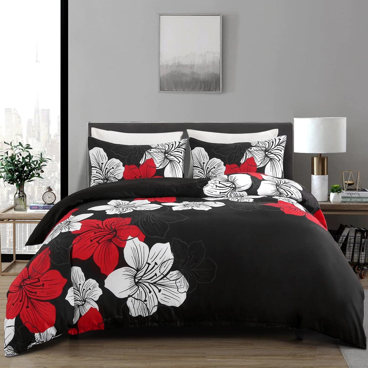 Menghomeus Black Comforter Set Full Red and White Floral Comforter with 2 Pillowcases Modern Bedding Sets Lightweight Boho Bed Set for All Season 1 Comforter 2 Pillowcases