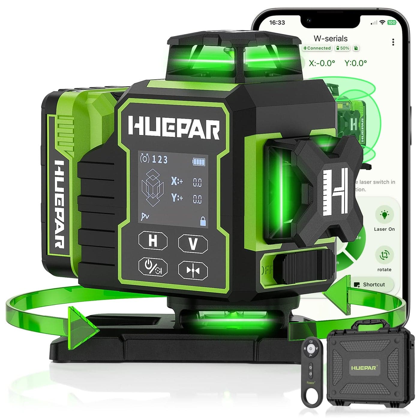 Huepar Laser Level 360 Self Leveling W04CG Upgraded 4x360 Bluetooth Construction Lazer Leveler Tool with Electric Rotating Base Large LCD Screen 4D 16 Lines Green Cross Laser Level