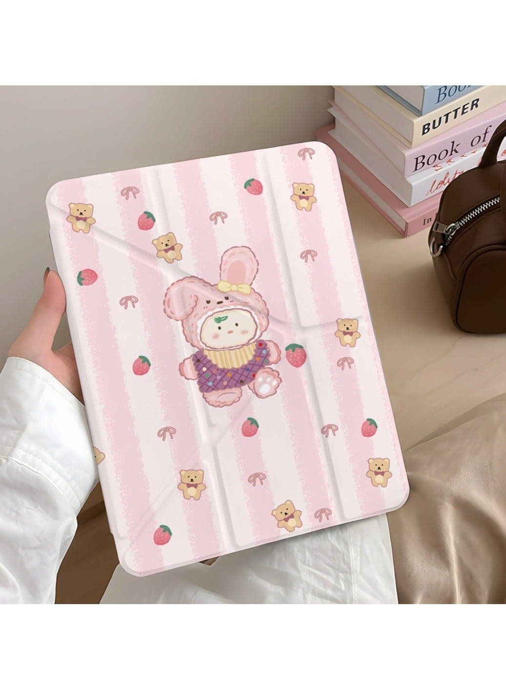 Protective case for iPad Pro 2024 11 inch, Cute rabbit, bear and strawberry acrylic case with pen slot and Y-fold stand