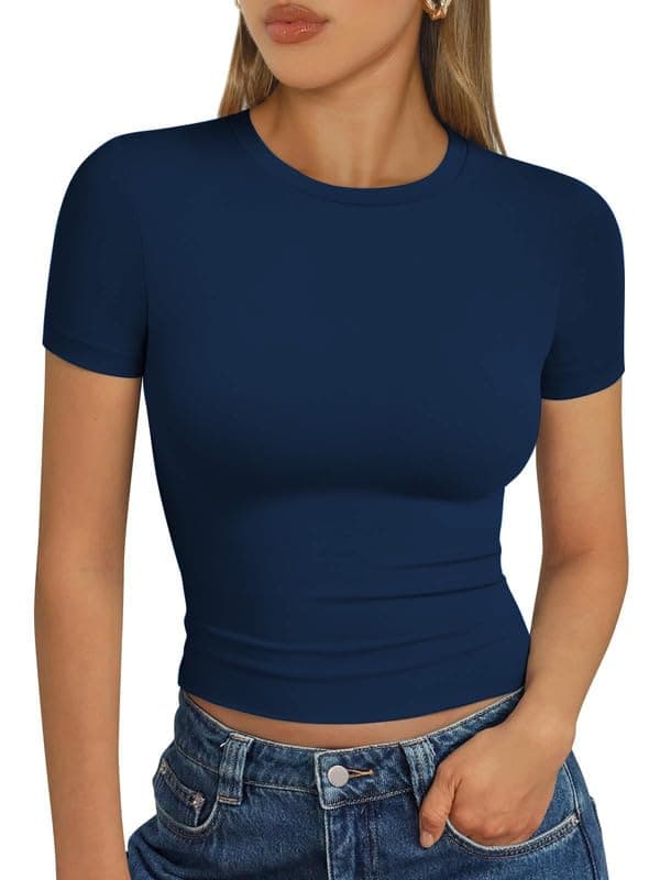 Womens Square Neck Short Sleeve Crop Top Double Lined Slim Fitted Basic Tee Going Out Cute Summer T Shirt Trendy VG17 1120 (M, NVY)