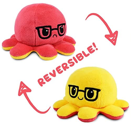 TeeTurtle Reversible Octopus Plushie 4Inch Red Yellow with Glasses TwoSided Flip Plush Toy with Embroidered Details Cute Mini Collectible Plush for Kids Teens and Adults