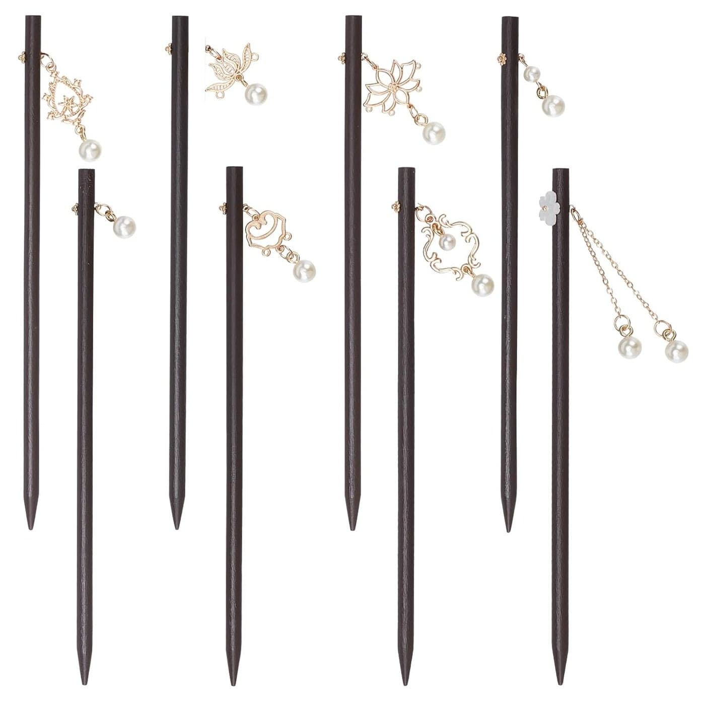 PH PandaHall Retro Hair Stick 8 Styles Chinese Wooden Hair Pins Hair Chopsticks with Pearl Beads Simple Long Hair Fork Decorative Hair Bun Holders for Women Hair Accessories Hair Styling 8PCSSet