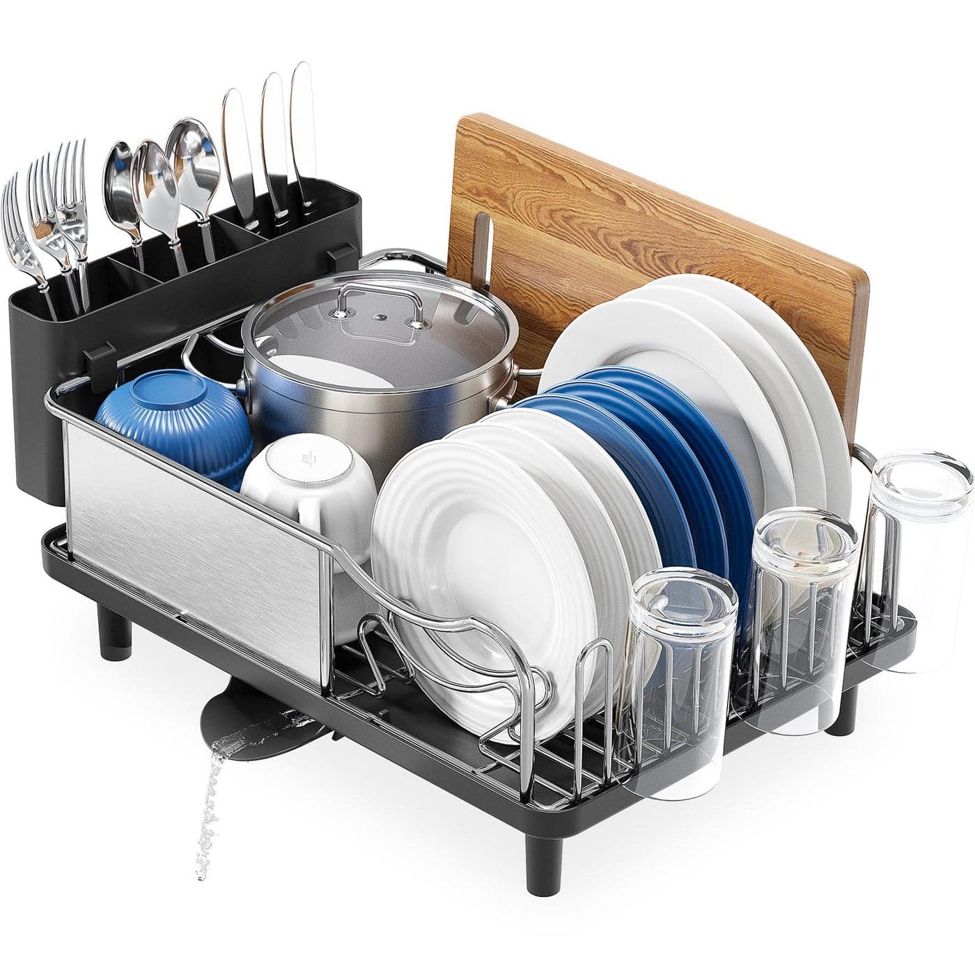 KINGRACK Dish Drainer Rack Stainless Steel Dish Rack Draining Board Rack with AntiRust Frame Optional 2 Direction Spout Sink Drain Board Design Removable Large Utensil Holder for Kitchen Black