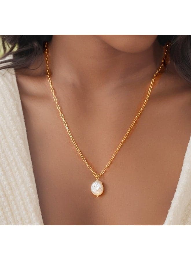 Trendy Y-Shaped Necklace – Baroque Style Gold Flat Oval Necklace with Irregular Freshwater Pearls