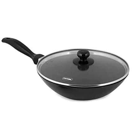 Nonstick Induction Compatible Stir-Fry Wok (Deep-Fry Pan, Flat Bottom) with Stainless Steel Lid, Capacity 3 Litre, Diameter 28 cm, Thickness 3.25 mm, Black Pack of 5