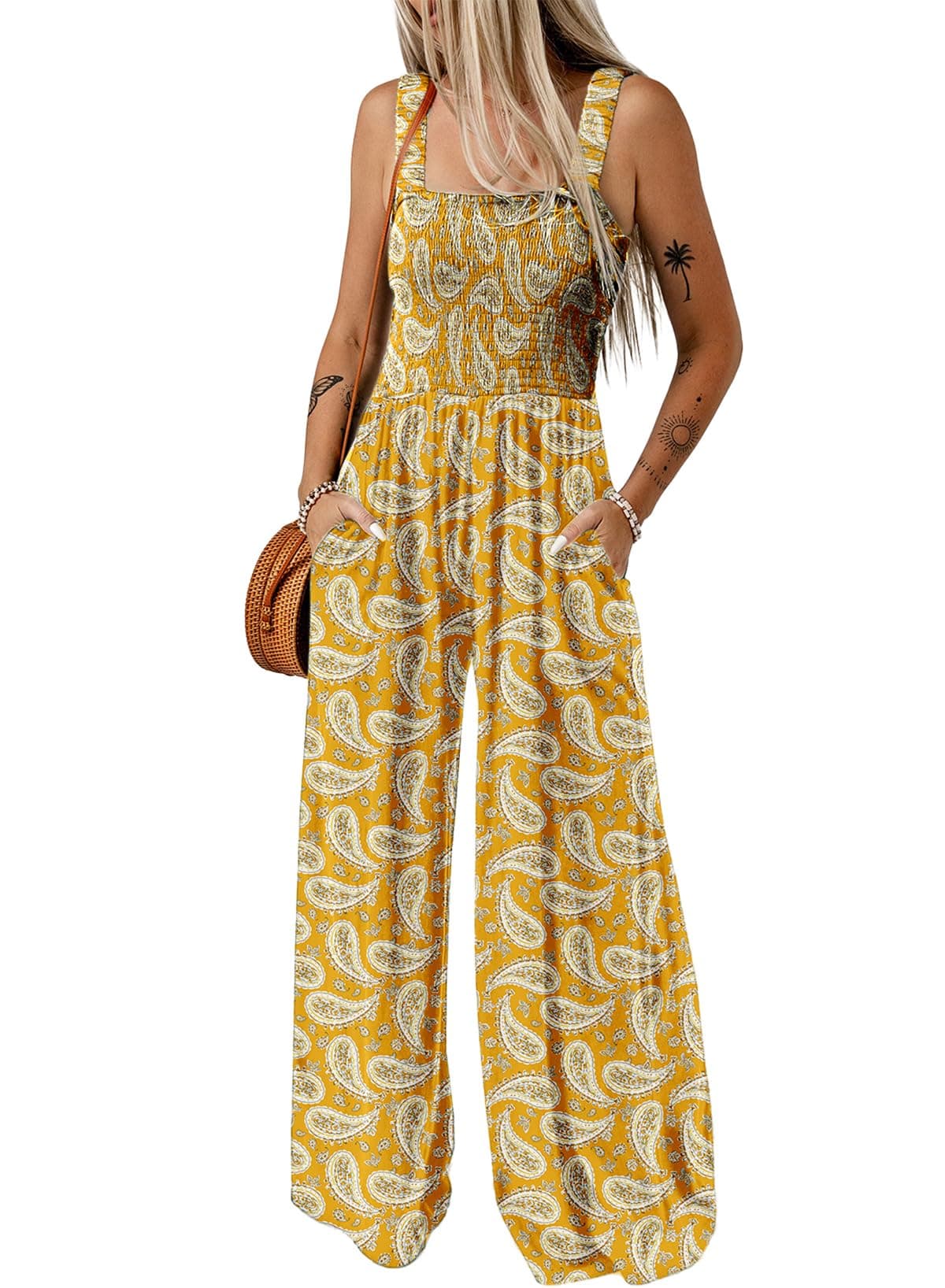 Dokotoo Womens Casual Loose Overalls One Piece Sleeveless Jumpsuits for Women Stretchy Wide Leg Long Pant Rompers Jumpsuit with Pockets Printed 2025 Fashion Small Yellow