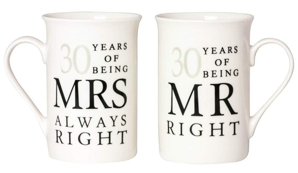 Haysoms Ivory White 30th Anniversary Mr Right Mrs Always Right Ceramic Mug Gift Set