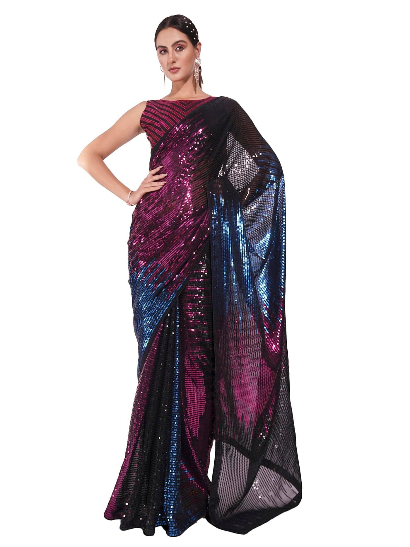 ORHANS Women's Georgette Sequence Work Saree With Matching Art Silk Unstitched Blouse Piece