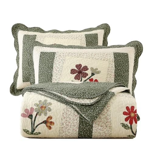 vctops Farmhouse Green 3 Piece Embroidered Floral Quilted Bedspread Quilt Set 100 Cotton Reversible Patchwork Coverlet Set 1 Quilt and 2 Pillow Shams GreenKing