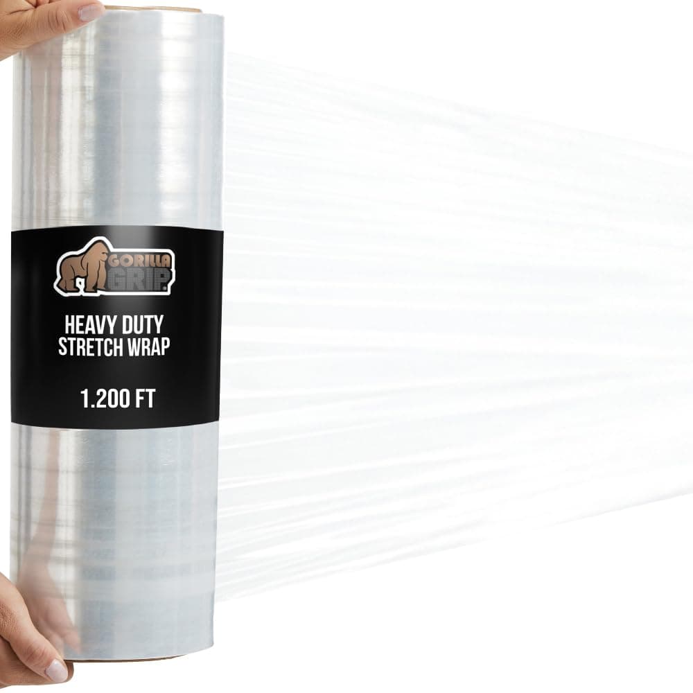 GORILLA GRIP 500 Stretch Film Heavy Duty Plastic 1200ft Shrink Wrap Roll 17 Puncture Resistant Industrial Strength for Shipping Pallet Storing Moving Packing Furniture Protection 1 Pack Clear