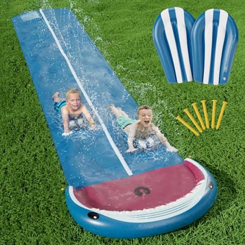 Jasonwell Slip and Slide Lawn Waterslide 20Ft Heavy Duty Lawn Slip Water Slide for Kids Adults with Splash Sprinkler N 2 Bodyboards Backyard Summer Outside Outdoor Water Play Toys Shark2Lanes