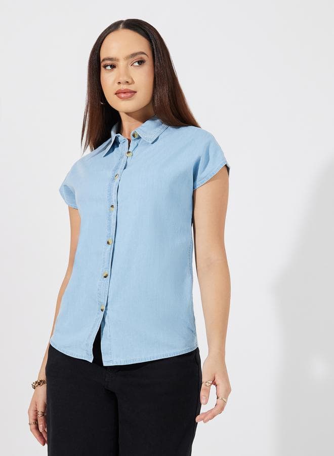 Styli Solid Denim Extended Sleeves Shirt — S