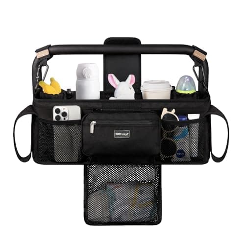 TOPDesign Universal Baby Stroller Organizer Double Stroller Caddy with Detachable Mesh Bag Heightened Insulated Cup Holders NonSlip Secure Hooks Accessories Fits Most Strollers Black