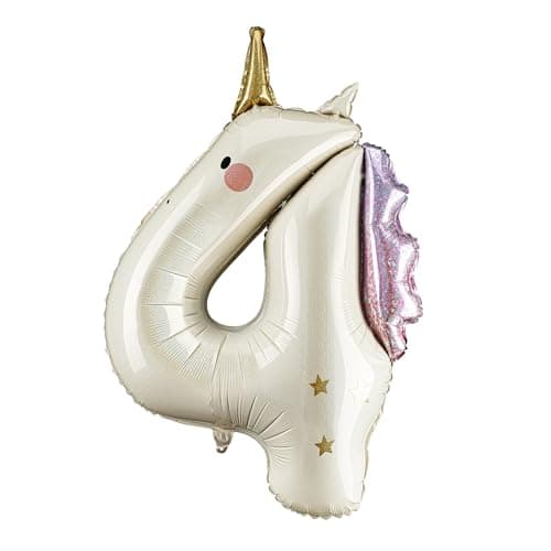 Unicorn Number 4 Balloon PartyDeco 365 Inch Holographic Foil Birthday Number Balloon for Girls Unicorn 4th Birthday Decorations Air Helium