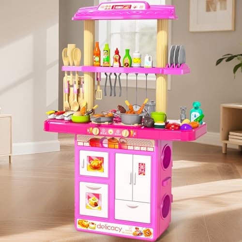 MSKOLER Pretend Play Kitchen Toys for Kid Ages 26 48 2 Sided Kitchen Toys with Light Sound and Spraying Sink Toy Accessories Cooking Stoves Food Toys for Toddlers 13 35 Boys Girls 612 Pink
