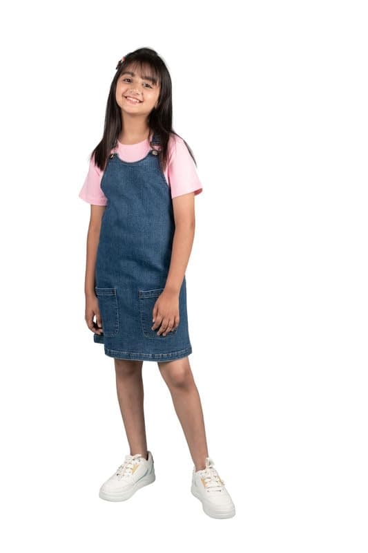 Tweeny Mini Girls Kids Pinafore Dress Denim, Corduroy Cotton Winter Summer Premium Dresses with Pockets (Without T-Shirt)(Denim Blue, 15-16 Y)