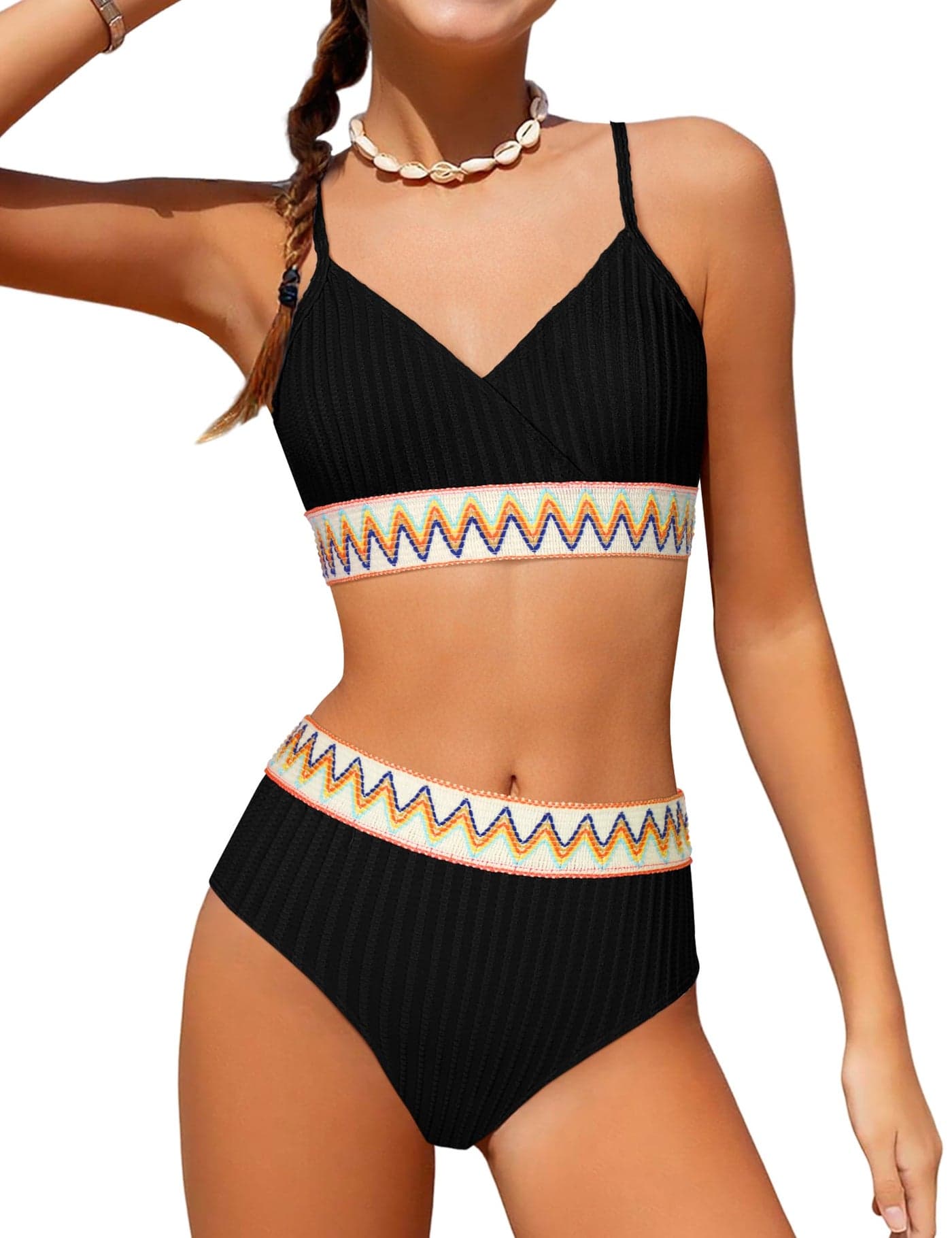DONWEN Girls Swimsuit 9-10 Years Girl Bathing Suits Size 10-12 Color Block Girls Bikini Set Black Woven Contrast Trim Swimsuits for Girl V Neck Girl's Swimwear