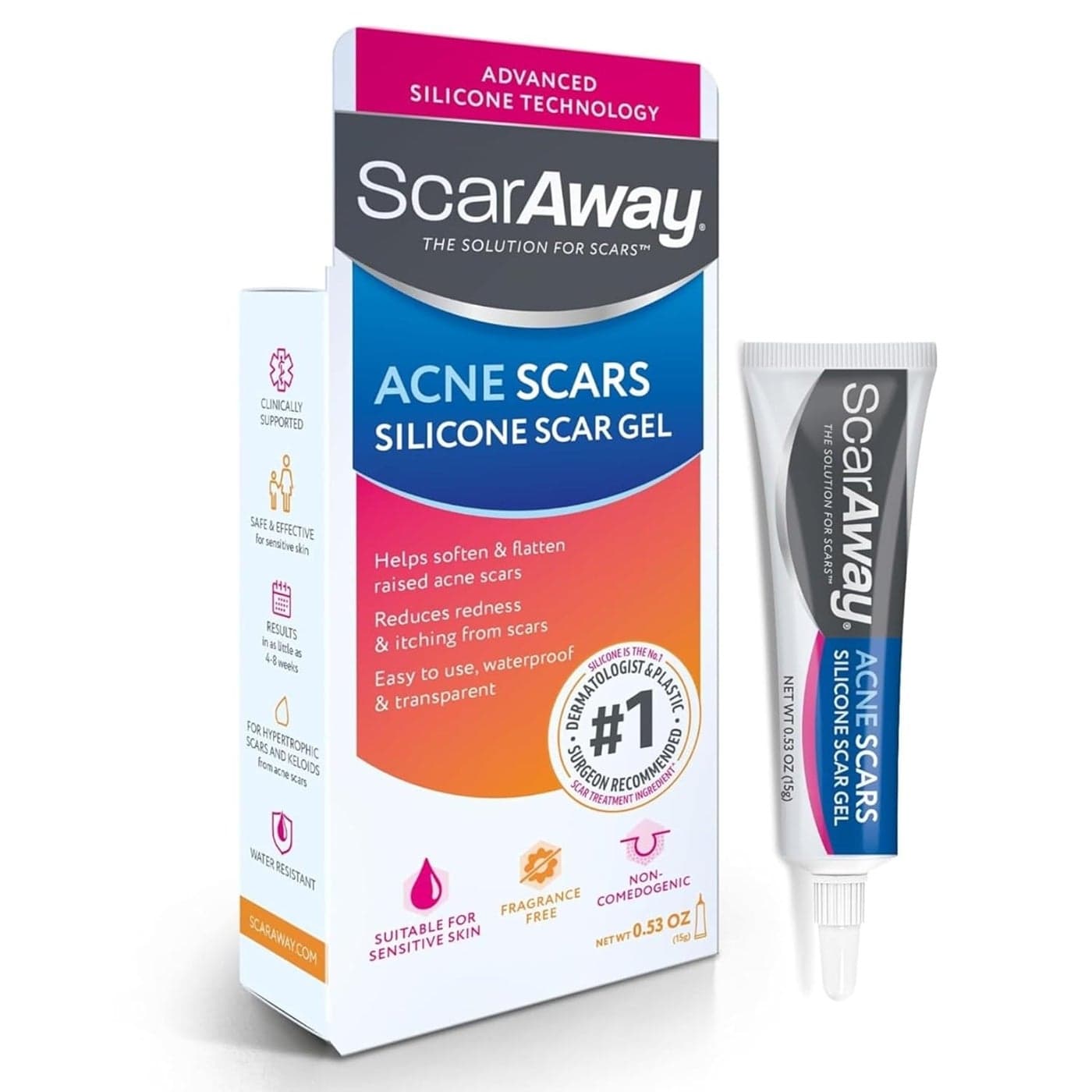 ScarAway Acne Scar Treatment Clear Silicone Scar Gel 100 MedicalGrade Helps Improve Size Color Texture of PostAcne Hypertrophic Keloid Scars on Face Body Water Resistant 15 grams