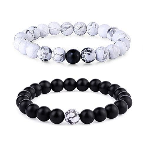 Byson 2 Pcs Couple Distance Relationship Bracelets Black Matte Agate & White Howlite Energy Beads Stone Ying Yang Balance Bracelet Banglet for Lovers Touch Bracelets Long Distance Relationship