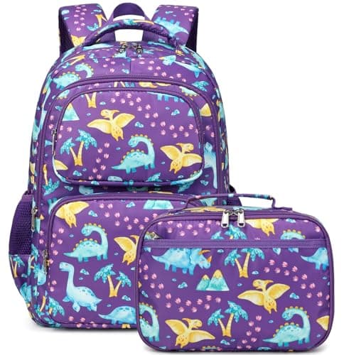 JIANYA Kids Backpacks for School Girls School Bag Kindergarten Emelentary Girls School Backpack with Lunch Box, Dinosaur Purple