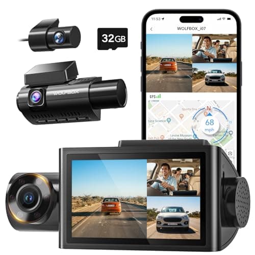 WOLFBOX i07 3 Channel Dash Cam for Car with WiFi GPS, 1440P + 1080P + 1080P Triple Car Dash Camera, 3" LCD, IR Night View, 24H Parking Monitor, 32GB Card Included