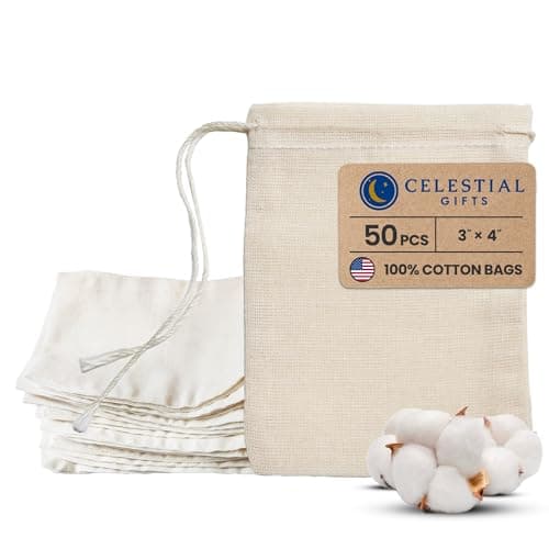 Celestial Gifts Muslin Bags - Drawstring - Small 50pcs - 3x4, Reusable Tea Bags, Jewelry Gift, Spice and Cotton Gift Sachet - 100% Cotton - Made in USA - (Natural Hem & Drawstring)