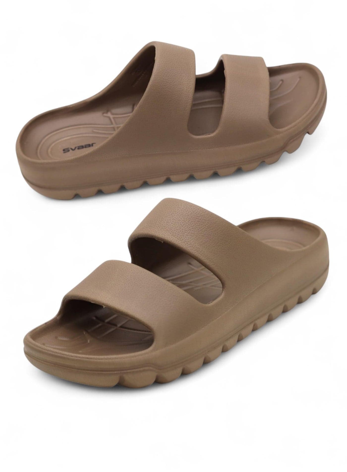 SVAAR Soft EVA Double Strap Slippers for Men | Stylish Anti-Skid Slides with Arch Support & Bouncy Sole | Lightweight Indoor Outdoor Comfort Brown