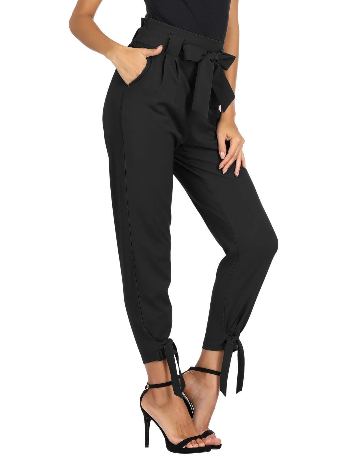 GRACE KARIN Womens Casual High Waist Pencil Pants with Pockets Bow-Knot Cropped Paper Bag Pants for Work Black XL