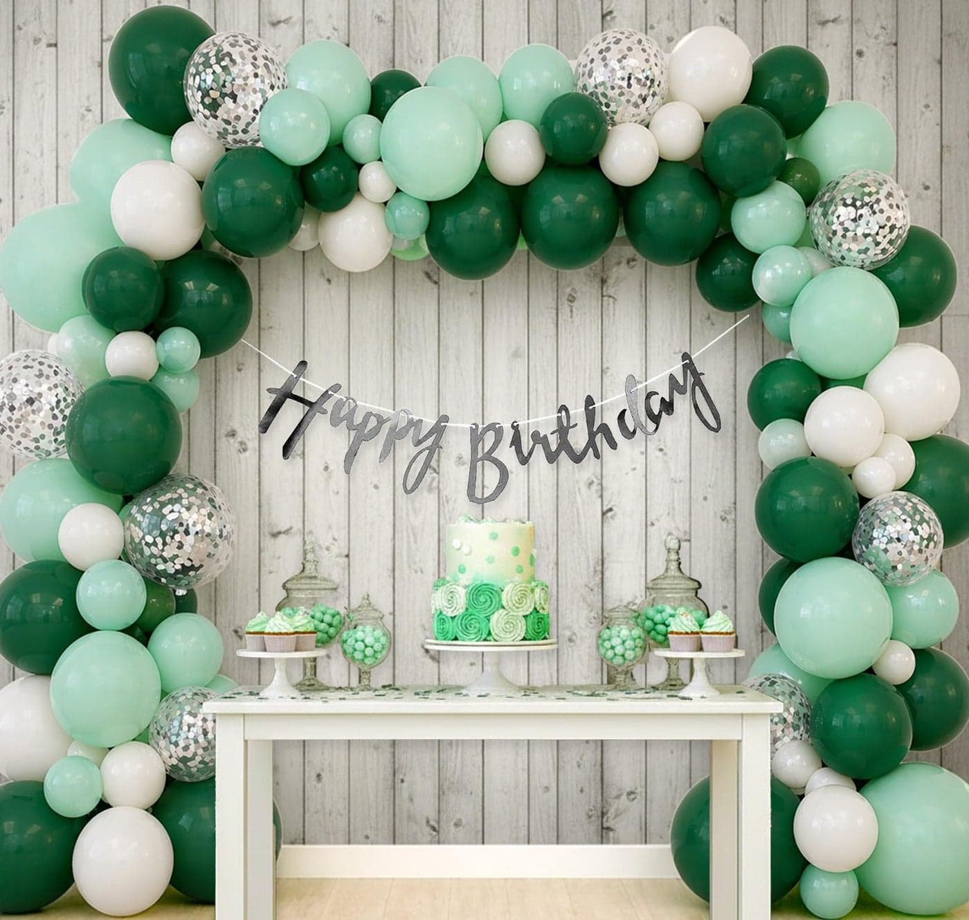 Specialyou.In Happy Birthday Decoration Items For Girl And Boy With Dark Green,Silver Confetti,Mint Green And White Balloons For Decoration,Happy Birthday Paper,Pastel Balloons For Birthday - 67 Pcs