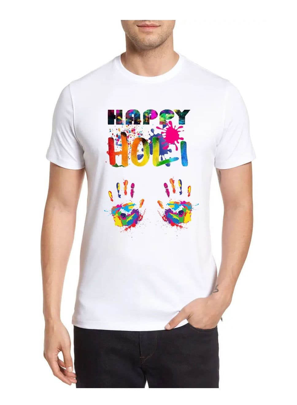 Holi Printed Round Neck Cotton White Color Mens T-shirt Design 1