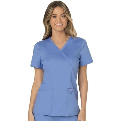 Cherokee Scrubs Top for Women Mock Wrap with 3 Pockets, Soft, 2-Way Stretch & Durable Fabric - WW610, XXS, Ciel