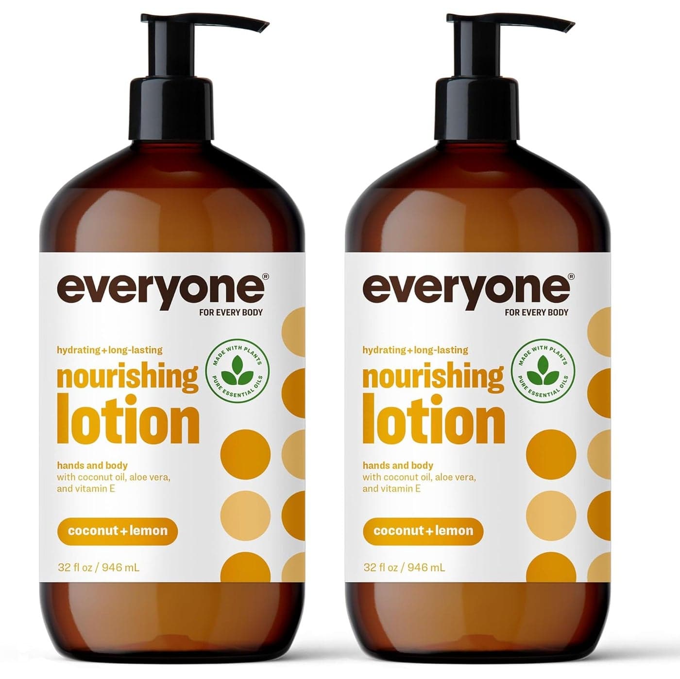 Everyone Nourishing Hand and Body Lotion 32 Ounce Pack of 2 Coconut and Lemon PlantBased Lotion with Pure Essential Oils Coconut Oil Aloe Vera and Vitamin E