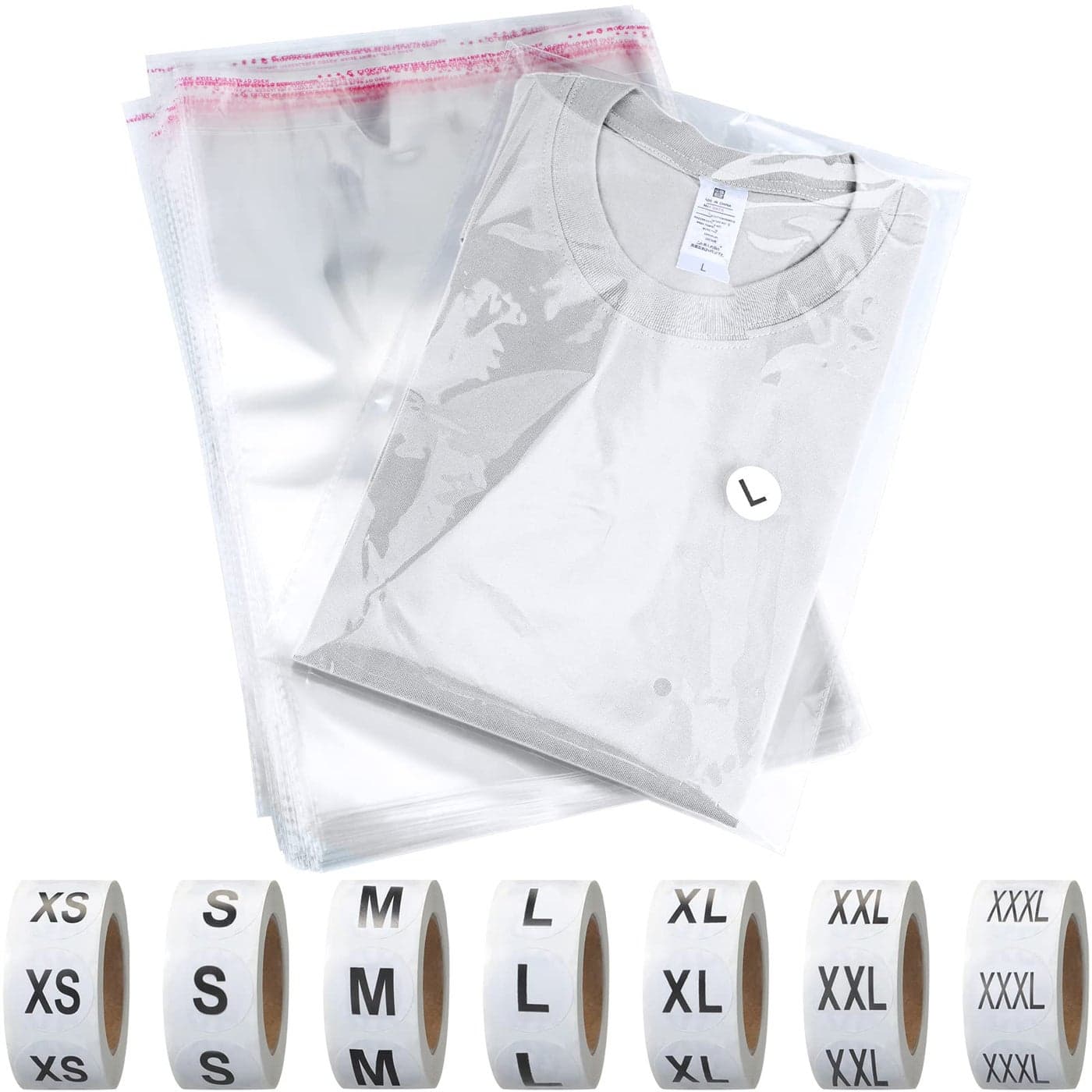 200 Pcs Resealable Poly Clear Shirt Bags with 7 Sizes 3500 Pcs Clothing Size Stickers Labels Self Sealing Plastic Bag for Small Businesses Packaging T Shirts Retail Storage10 x 13 Inch